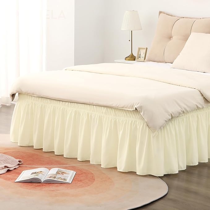 RIMELA Bed Skirt King Size 15 Inch Drop, Wrap Around Elastic Bedskirt Solid Microfiber Luxury Hotel Quality Fabric, Easy to Install Machine Washable Wrinkle & Fade Resistant, Cream