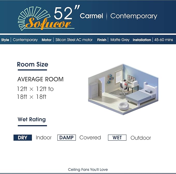 Sofucor 52 Inch Ceiling Fans with Lights and Remote Control, Indoor Outdoor Mordern Wood Ceiling Fan with Reversible Quiet DC Motor, 6 Speed, 3 Downrods, for Farmhouse Bedroom Patio Balcony
