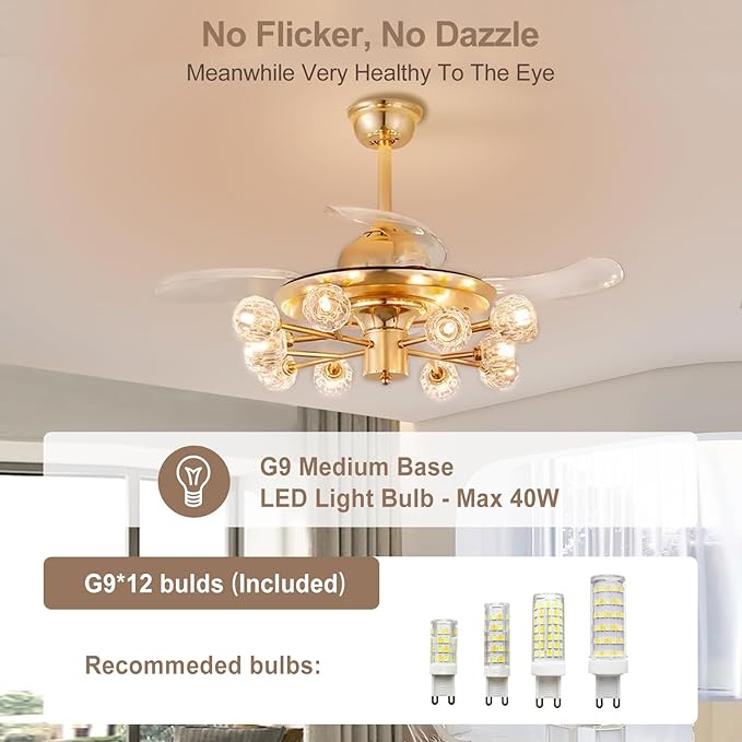 42" Chandelier Ceiling Fans with Lights: 12-Light Sputnik Ceiling Fan Crystal Chandeliers - Modern Retractable Fandelier Ceiling Fan for Bedroom Living Room - Gold Fandelier with Lights