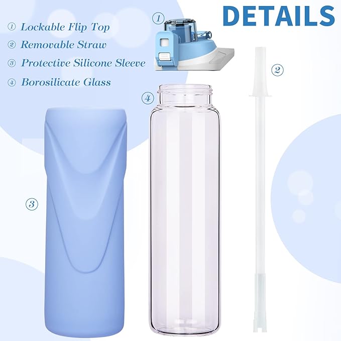 32 oz Sports Glass Water Bottle with Straw & Silicone Sleeve Reusable BPA-free Borosilicate Glass Drinking Bottle with Flip Top Lid & Handle Wide Mouth (Sky Blue)