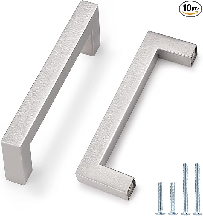 Probrico (10 Pack Kitchen Cabinet Handles 3-3/4" Holes Centers Stainless Steel Square Drawer Pulls Brushed Nickel 4-1/4" Overall Length
