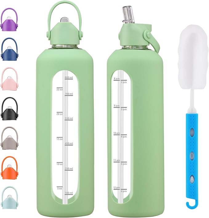 32 oz Glass Water Bottles with Straw Borosilicate Glass Water Bottle with Time Marker Motivational Water Bottles with Silicone Sleeve Leak Proof Reusable BPA Free
