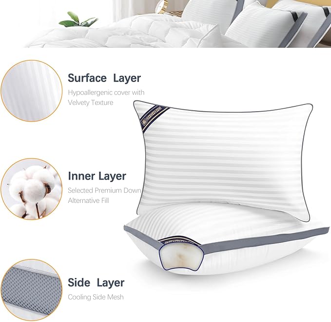 Luxury Hotel Collection Bed Pillows for Sleeping Standard Size Set of 2- Medium Firm Density for Back or Stomach Sleeper