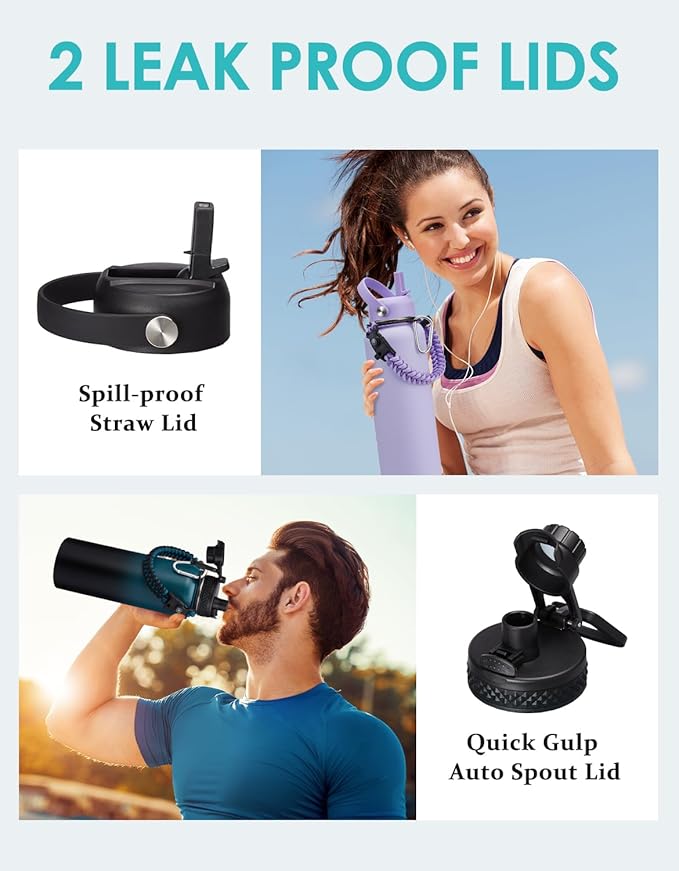 40oz Insulated Water Bottle with Straw - Pop-up Chug Lid (Cold-48H Hot-24H) Stainless Steel Water Bottles Sweat Proof, Metal Hydro Thermo Jug w/Strap Carrier Bag, Paracord Handle, Cream White