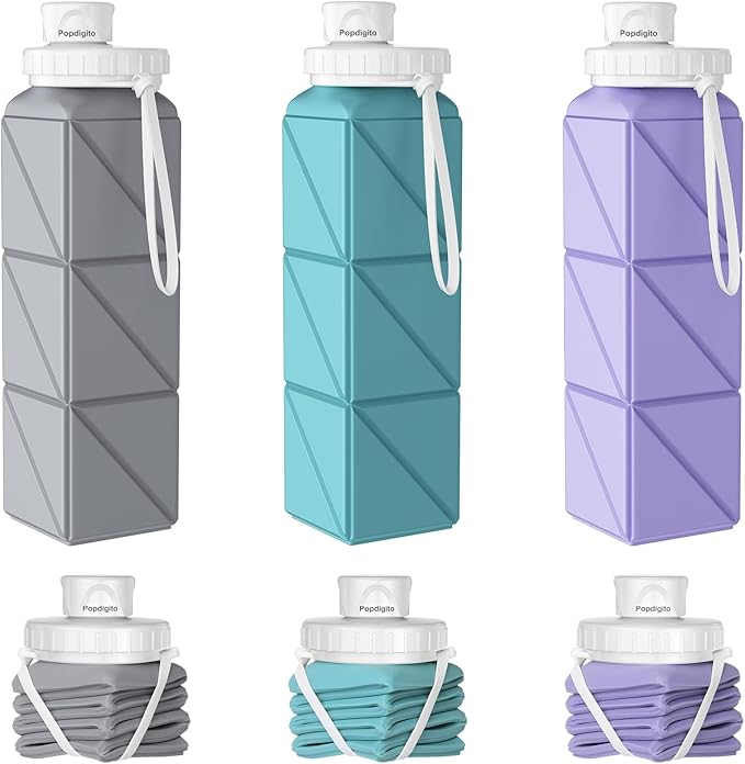 3pcs Collapsible Water Bottles,BPA-Free Leak-Proof Silicone Foldable Water Bottle Cup 20.6oz,Durable Lightweight Bottle for Gym Travel Camping Hiking Running (Purple+Green+Grey)