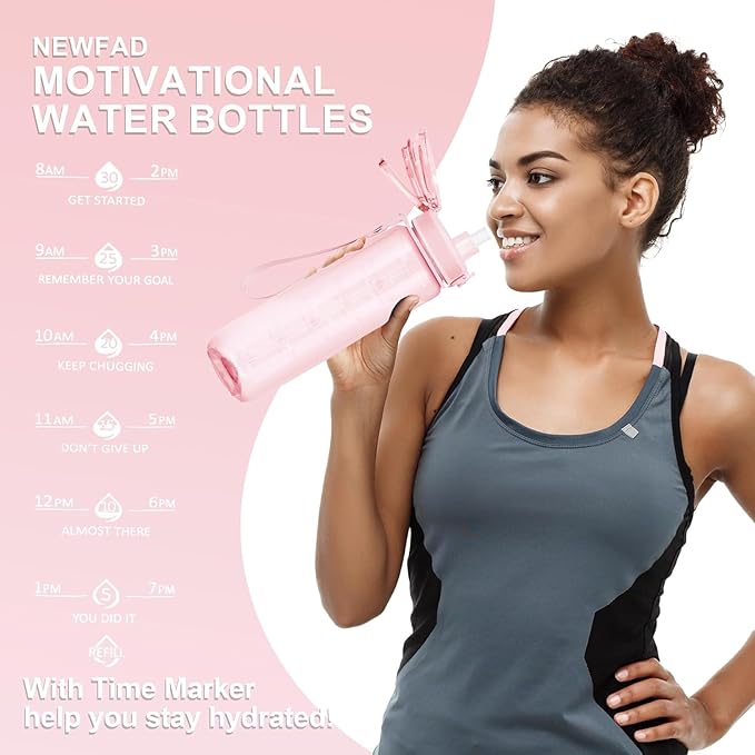 32 oz Water Bottle with Detachable Straw, Clear Motivational Water Bottles with Time to Drink, Tritan & BPA Free Sports Water Jug with Time Marker, Upgraded handle design, Rose Pink