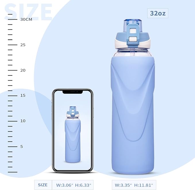 32 oz Sports Glass Water Bottle with Straw & Silicone Sleeve Reusable BPA-free Borosilicate Glass Drinking Bottle with Flip Top Lid & Handle Wide Mouth (Sky Blue)
