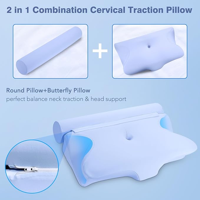Cooling Cervical Neck Pillow for Neck and Shoulder Pain, Roll Pillow&Butterfly Memory Foam Combination Pillows, Ergonomic Neck Support Pillow, Orthopedic Pillow for Side Back Stomach Sleepers and Yoga
