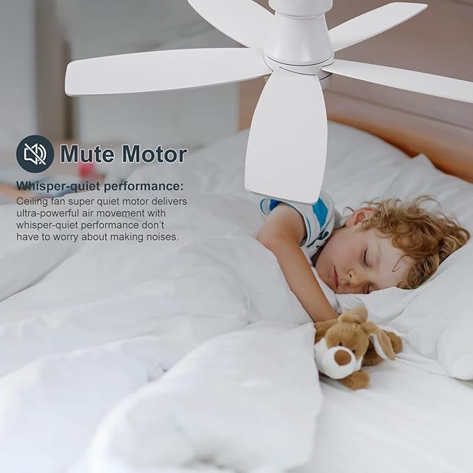 42 inch Ceiling Fans with Lights and Remote,Flush Mount White Ceiling Fan,Memory Fuction Reversible Quiet DC Motor Low Profile Ceiling Fans For Living Room Bedroom Outdoor(White&Natural Wood)