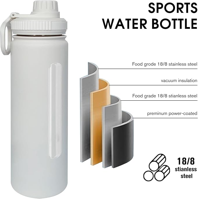 22oz Insulated Water Bottle ，Stainless Steel Sports Water Cup Flask with 2 Lids, Wide Mouth Travel Thermal Mug,Outdoor Sports Bottle（white）