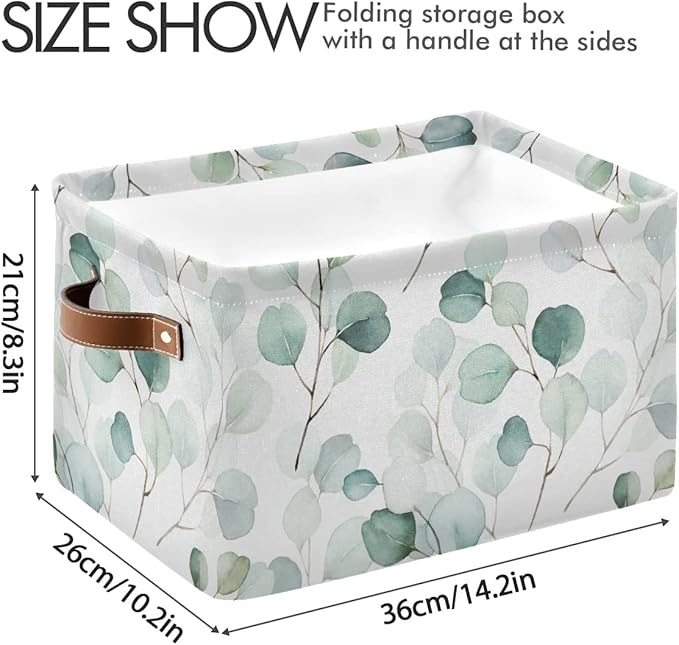 Wamika Leaves Flowers Storage Basket, Green and White Boho Botanical Foldable Storage Bins, 16x12x8 Inches, Durable Canvas Material, Easy to Clean, Collapsible for Space-Saving Storage