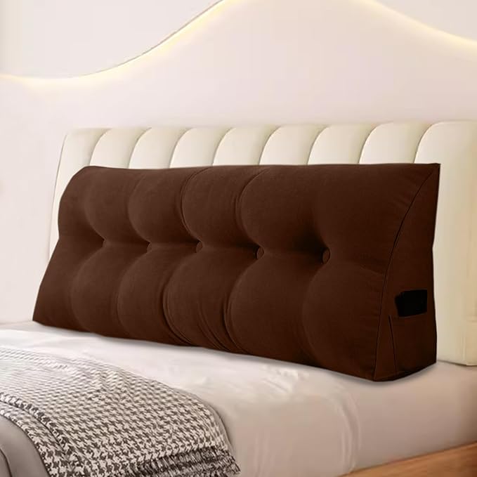 Large Triangular Headboard Pillows Long Backrest Positioning Support Bolster Cushion for Daybed Fluffy Quality Plush Body Wedge Pillow with Removable Cover(Dark brown-Queen-59x8x20in)