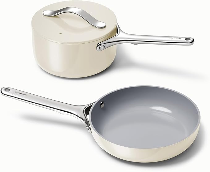 Caraway Mini Cookware Set - Non-Stick Ceramic Fry Pan (1.05 qt, 8") & Sauce Pan (1.75 qt) - Non Toxic, PTFE & PFOA Free - Oven Safe & Stovetop Agnostic (Gas, Electric & Induction) - Cream