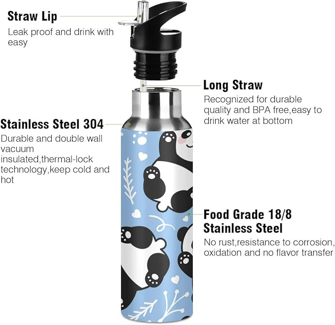 22 OZ Cute Cartoon Panda Water Bottle with Straw - BPA Free Leakproof Stainless Steel Water Bottle for Women Men Water Jug for Fitness Gym Outdoor Sport