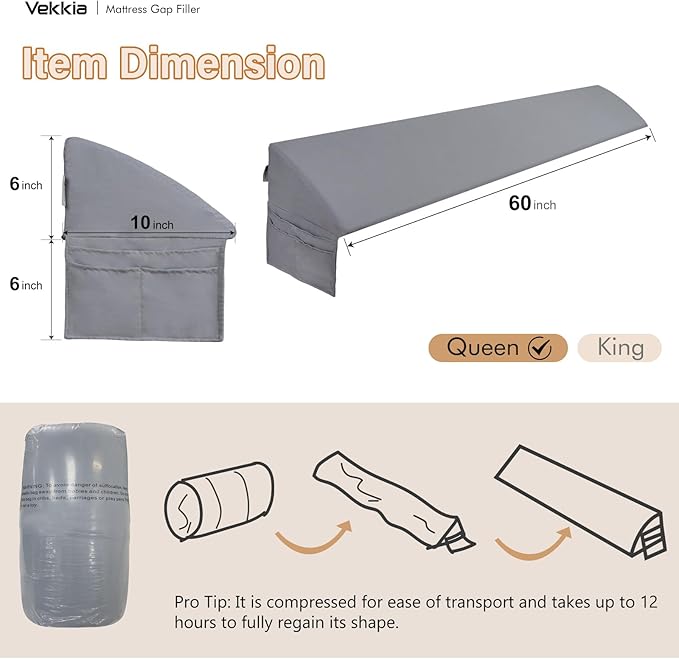 Vekkia Dual Density Bed Wedge Pillow/Mattress Gap Filler/Headboard Pillow/Pillow Wedge for Headboard Gap/Bed Gap Filler,Close Gap(0-6") Between Your Mattress and Headboard,Gray(Queen)