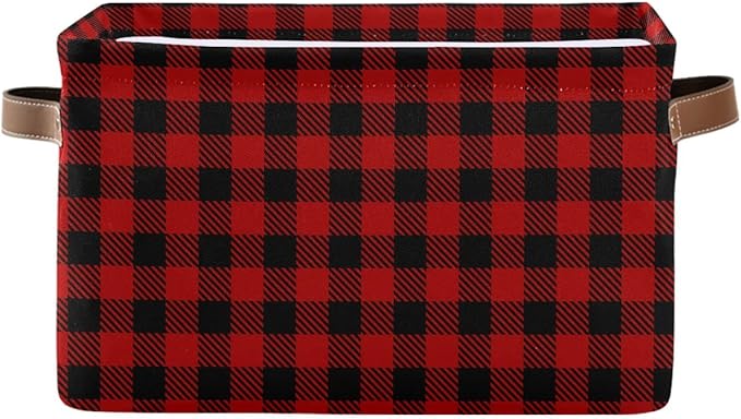 Christmas Red Buffalo Plaid Storage Basket Fabric Laundry Baskets Winter Holiday Decorations Storage Boxes Organizer Bag for Baby Cloth Dog Toy Book Storage Cubes Shelf Closet Bins 16×12×8 Inches