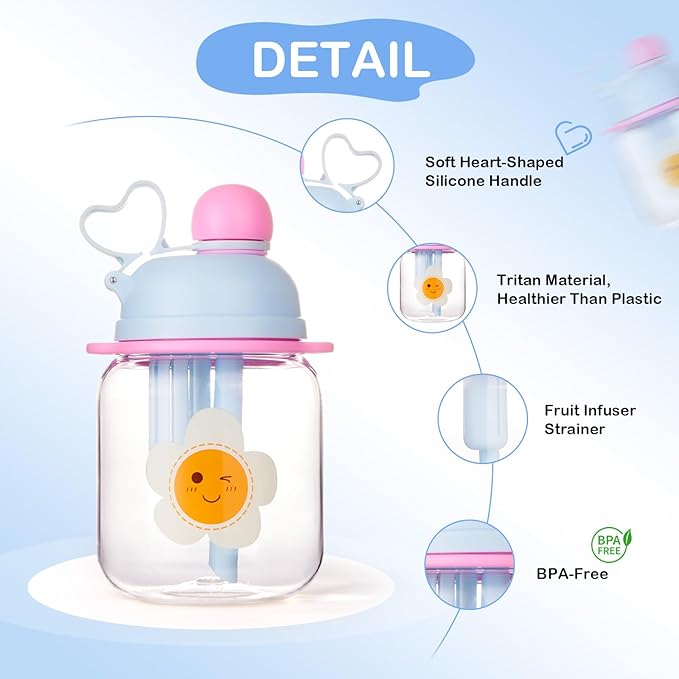 27oz Toddler Water Bottle, Tritan Sports Water Bottle with Straw, Plastic Water Bottle with Soft Strap, Kids Water Bottle for School, Includes Fruit Infuser Strainer, Leak-Proof, BPA Free, Blue