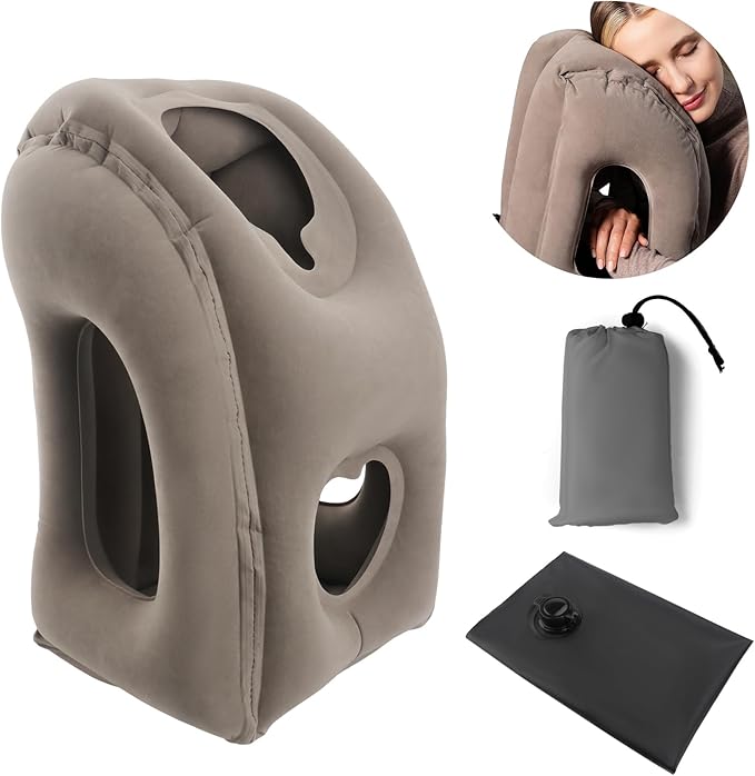 Inflatable Travel Pillow Travel Pillow Inflatable Airplane for Sleeping Support for Neck and Head Inflatable Neck Pillow for Airplane Travel Inflatable Neck Pillow for Airplane Car Home Office, Grey