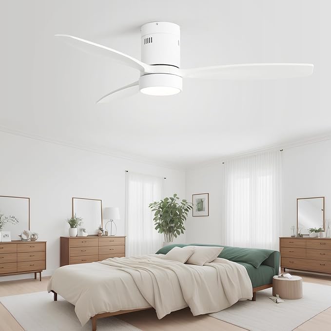 Sofucor 52 Inch Low Profile Ceiling Fan with Lights Remote Control Wood Blades Reversible DC Motor Modern Ceiling Fan for Kitchen, Bedroom, Basement, Dining, Living Room, White wood