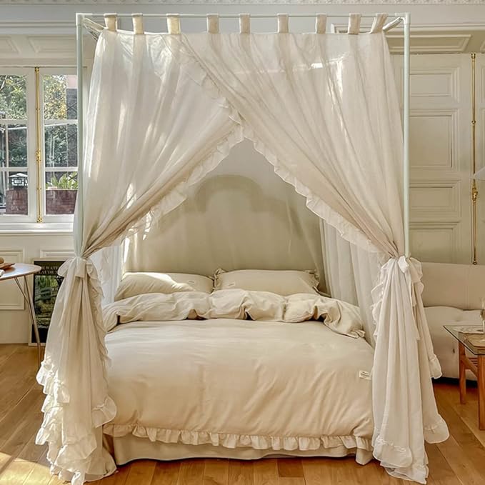 Mengersi Linen Canopy Bed Curtains,Bed Canopy Curtains Bed Drapes Sheer Curtains for Bedroom Decor (Ivory, Full)