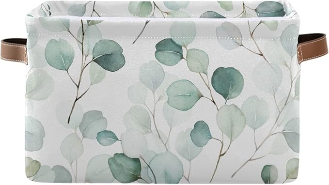 Wamika Leaves Flowers Storage Basket, Green and White Boho Botanical Foldable Storage Bins, 16x12x8 Inches, Durable Canvas Material, Easy to Clean, Collapsible for Space-Saving Storage