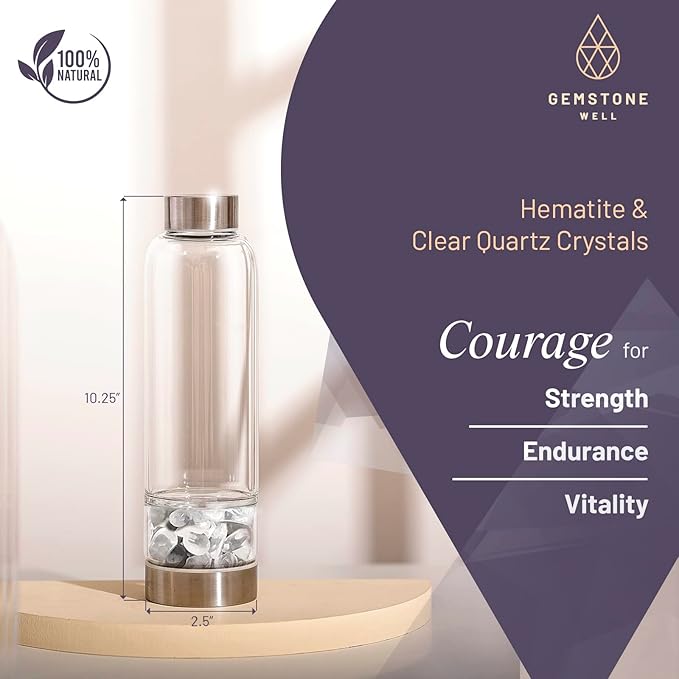 Crystal Water Bottle Elixir Set | Includes Authentic Hematite & Clear Quartz Healing Crystals | Black Neoprene Sleeve | Drink Gem Infused Water On The Go