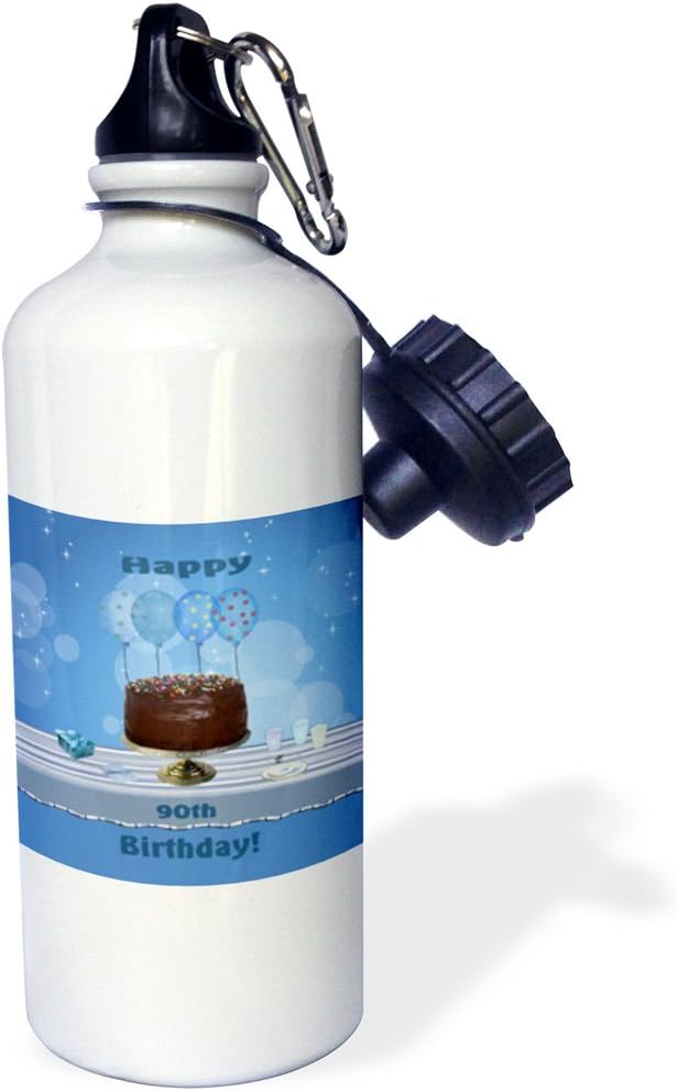 3dRose "90th Birthday Party with Chocolate Cake and Blue Balloons" Sports Water Bottle, 21 oz, White