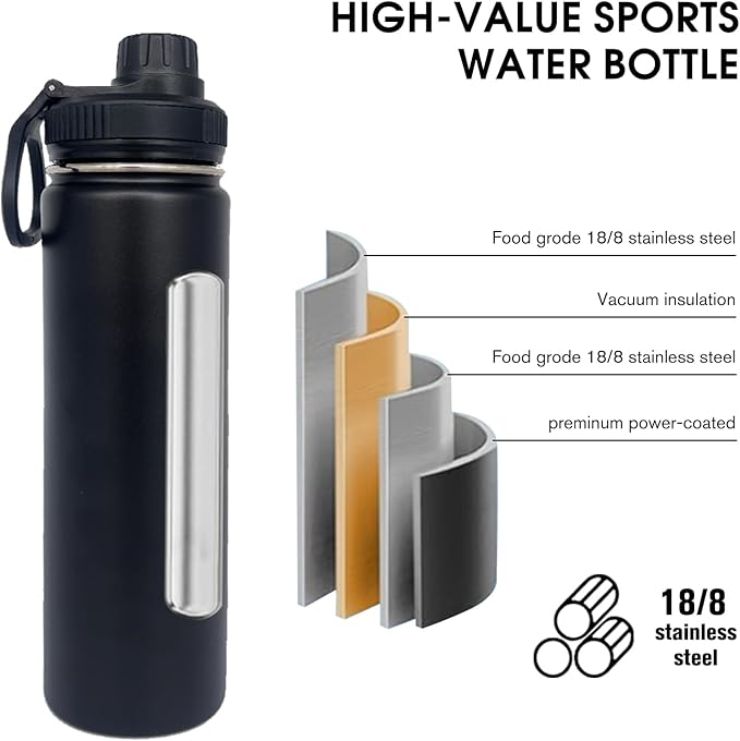 4pack 22 oz Insulated Water Bottle With Straw, Stainless Steel Sports Water Cup Flask with 2 Lids, Wide Mouth Travel Thermal Mug,Black