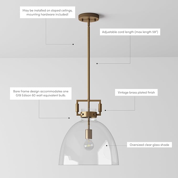Nathan James Leigh Pendant Lighting, Hanging Ceiling Light with Oversized Glass Shade and Adjustable Cord, for Kitchen Island or Entryway, Vintage Brass/Clear