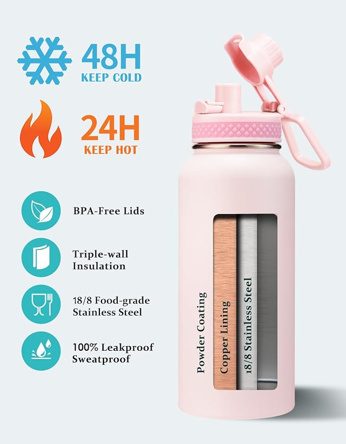 32/40/64 OZ Water Bottle with Straw - Spout Lid, Kepp Cold-48H Hot-24H, Insulated Water Bottles with Strap Carrier Bag, Paracord Handle, Protective Boot, Leakproof Metal Hydro Water Flask