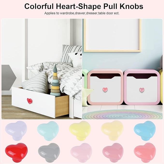 10x Colorful Cute Glossy Ceramic Knobs Love Heart Shape Lovely Door Pull Knob Cabinet Closet Ceramic Drawer Cupboard Kitchen Dresser Kids Child Girls Bedroom Pulls Wardrobe Handles