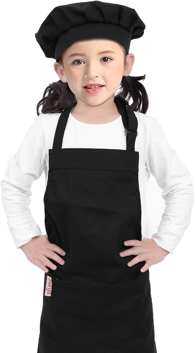 Kids Apron and Chef Hat Set-Adjustable Child Apron for Boys and Girls for Cooking Baking