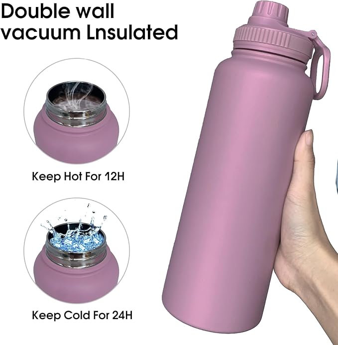 40oz Insulated Water Bottle ，Stainless Steel Sports Water Cup Flask with 2 Lids, Wide Mouth Travel Thermal Mug,Outdoor Sports Bottle（Jelly Purple）