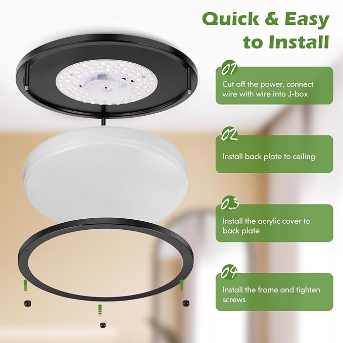 4-Pack 36W LED Flush Mount Ceiling Lights, 3200LM Black Ceiling Light Fixtures, 5 Color in One (2700K/3000K/4000K/5000K/6500K), 12'' Modern Round Ceiling Lamp for Kitchen Hallway Stairwell Offices