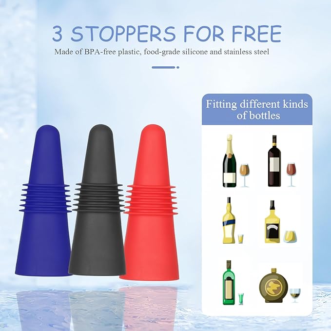 3-in-1 Stainless Steel Wine Chiller Stick, 3 Bottle Stoppers for Free, Wine Bottle Cooler Stick, Rapid Iceless Wine Chilling Rod with Aerator and Pourer, Wine Gift for Wine Lovers.