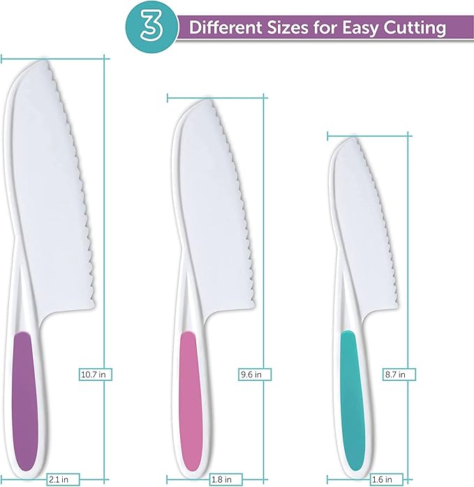 Kids Knife Set of 3 - Firm Grip, Serrated Edges & Safe – Colorful Nylon Toddler Knife Set to Cut Fruits, Salad, Cake, Lettuce (Purple Multi)