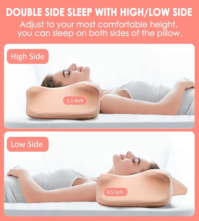 Cervical Pillow for Neck Pain Relief, Memory Foam Pillow for Sleepin, Ergonomic Contour Pillows, Orthopedic Pillow with Washable Pillowcase, for Side Back Stomach Sleepers (Pink)