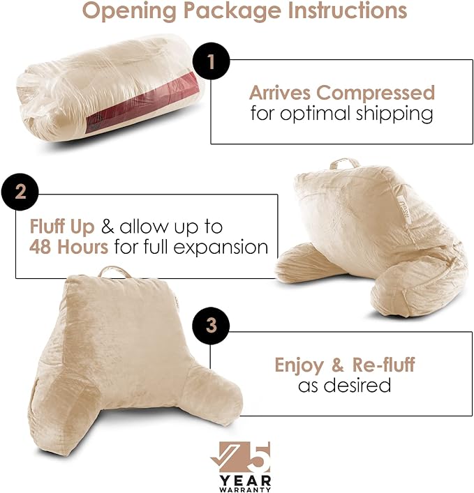 Nestl Reading Pillow Standard Bed Pillow, Back Pillow for Sitting in Bed Shredded Memory Foam Chair Pillow Reading & Bed Rest Pillows Beige Cream Back Pillow for Bed, Bed Chair Arm Pillow with Pockets