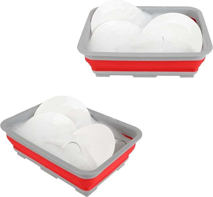 Set of 2 Multipurpose Wash Bins – 10-Liter Basins for Camping, Parties, or Cleaning – Collapsible Bucket Set by Wakeman (Red)