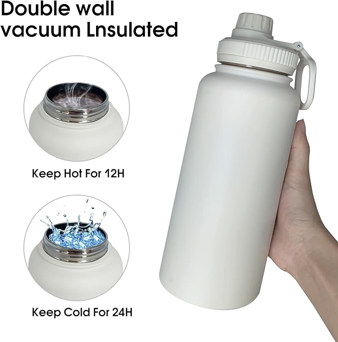 32oz Insulated Water Bottle ，Stainless Steel Sports Water Cup Flask with 2 Lids, Wide Mouth Travel Thermal Mug,Outdoor Sports Bottle（white）
