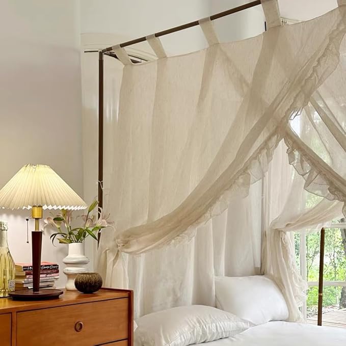 Elegant Modern Linen Princess 4 Corner Post Mosquito Net Romantic for Girls Women Bed Curtain Canopy for Adult Wedding Bedroom Kids Rooms Decoration (White-Beige, King)