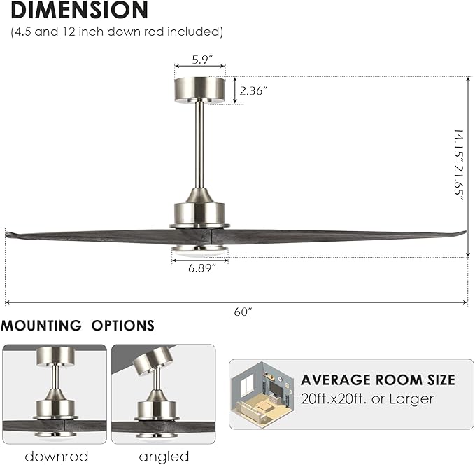 WINGBO 60 Inch DC Ceiling Fan with Lights and Remote Control, 3 Reversible Carved Wood Blades, 6-Speed Noiseless DC Motor, Modern Ceiling Fan in Brushed Nickel Finish with Gray Blades