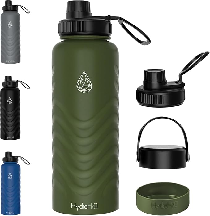 24 oz Insulated Water Bottle - Green Water Bottles with Straw (Straw Lid & Spout Lid) & Silicone Handle & Boot - Wide Mouth Stainless Steel Water Bottles - BPA Free - (Green, 750ml)