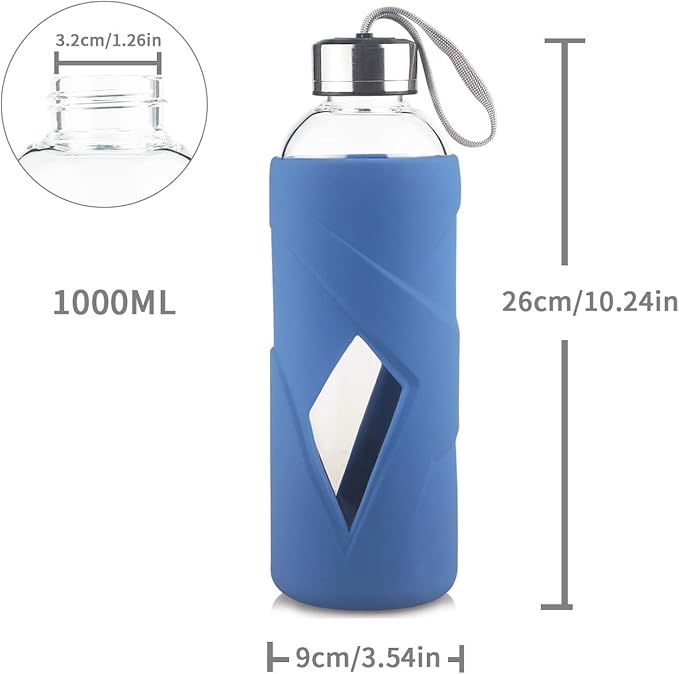 32 oz Borosilicate Glass Water Bottle BPA Free Reusable Glass Drinking Bottle with Silicone Sleeve and Stainless steel Lid