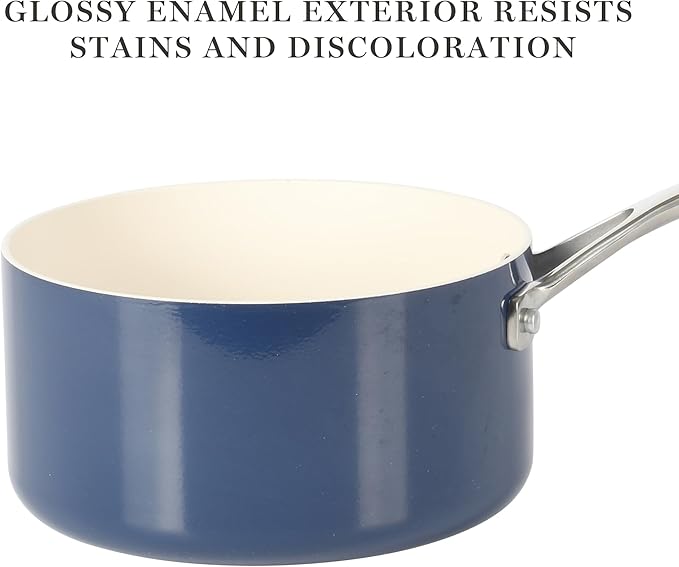 Martha Stewart Galway Premium Nonstick PFA Free Ceramic Interior 10 Piece Heavy Gauge Enamel Aluminum Pots and Pans Cookware Set W/Aluminum Lids - Navy Blue