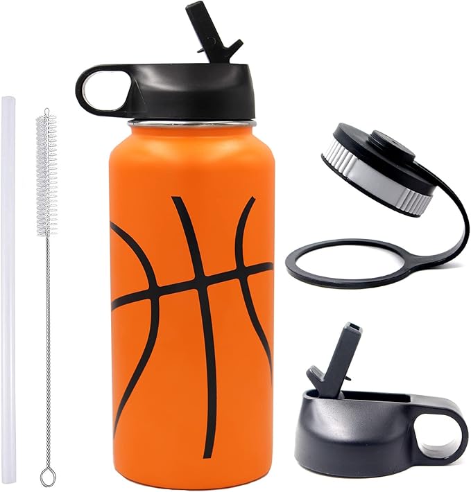 32 oz Basketball Water Bottle,Sports Flask with 2 Lids Straw Lid & Flex Cap,18/8 Stainless Steel Travel Tumbler Double Wall Vacuum Insulated Hot/Cold Gift for Mom Men (32oz, Basketball)