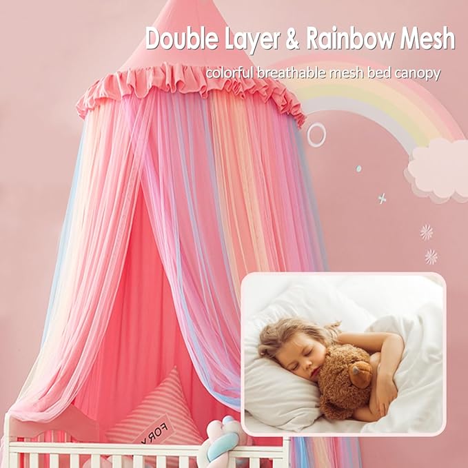Kertnic Rainbow Bed Canopy for Girls Dreamy Mosquito Net for Bed Round Dome Princess Bed Canopy Girl Room Play Tent Kids Canopy Bed Netting Curtains (Nordic Pink Rainbow)