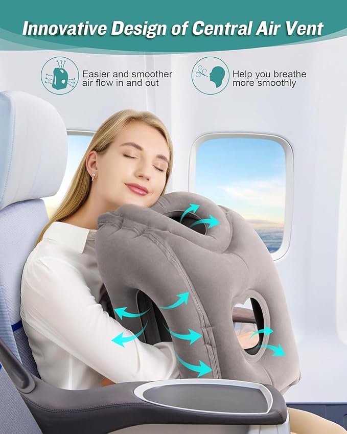 JefDiee Inflatable Travel Pillow for Airplanes, Airplane Neck Pillow Comfortably Supports Head and Chin for Airplanes, Trains, Cars and Office Napping (Grey)