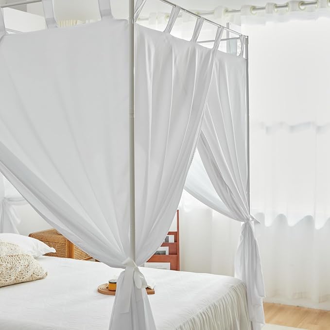 AIKASY White Canopy Bed Curtains with Top Ties and Tie Backs for Bedroom Decoration - Queen Size Bed Curtains with Windproof and Lightproof Features