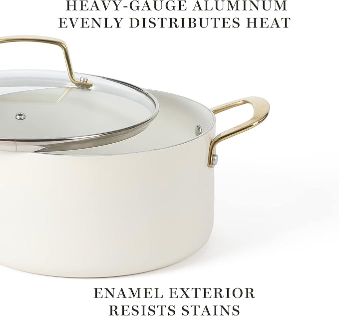 Martha Stewart Lockton Premium Nonstick PFA Free Ceramic Interior 10 Piece Heavy Gauge Enamel Aluminum Pots and Pans Cookware Set - Linen White w/Gold Handle